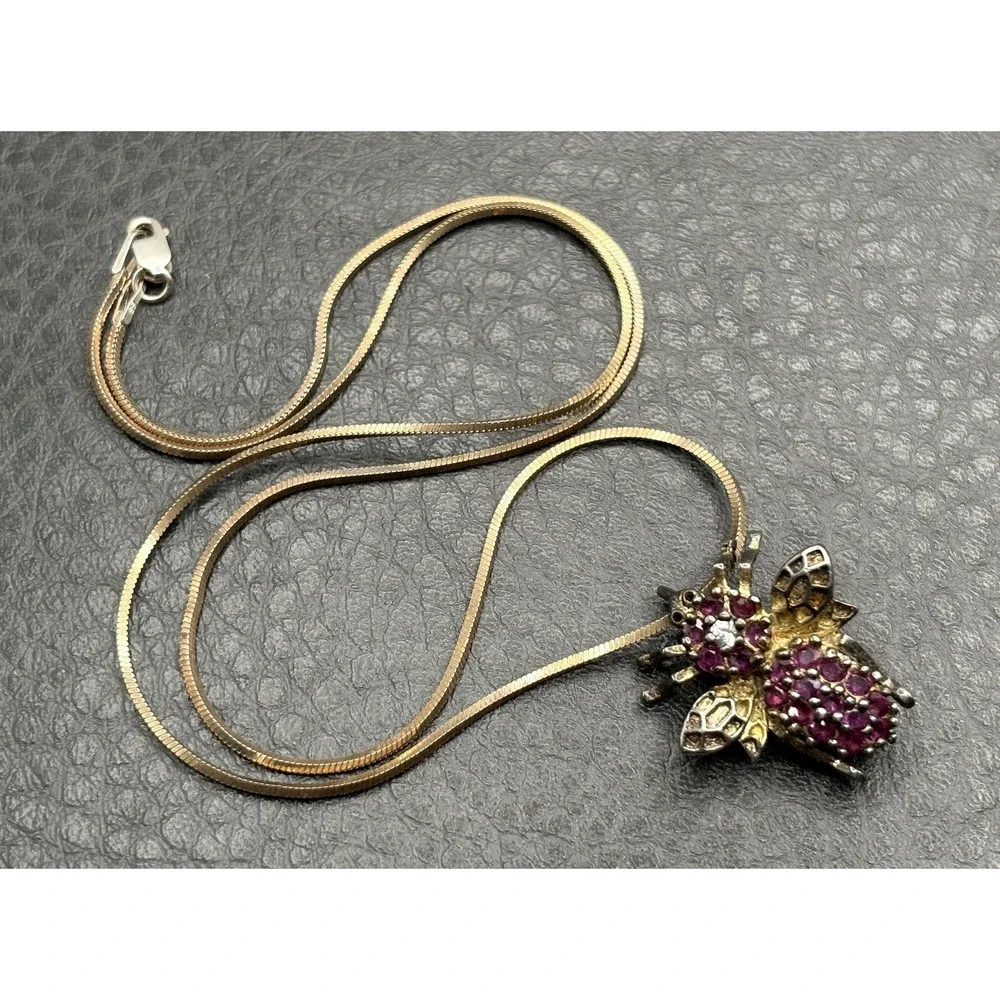 Vintage Insect Bee Ruby Sterling Silver  Pendant Brooch & Chain Necklace  17